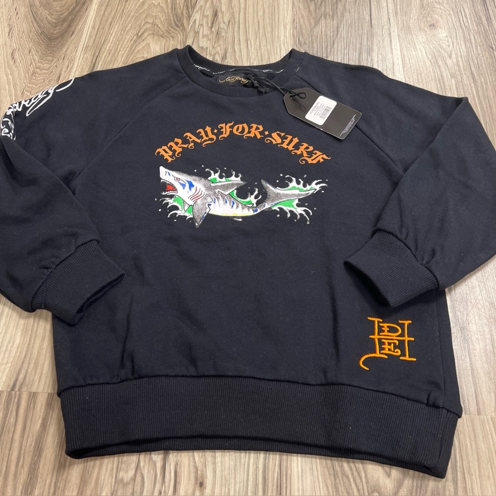 Ed Hardy Pray For Surf Shark Pullover Sweatshirt Black Boys Size 8Y NWT